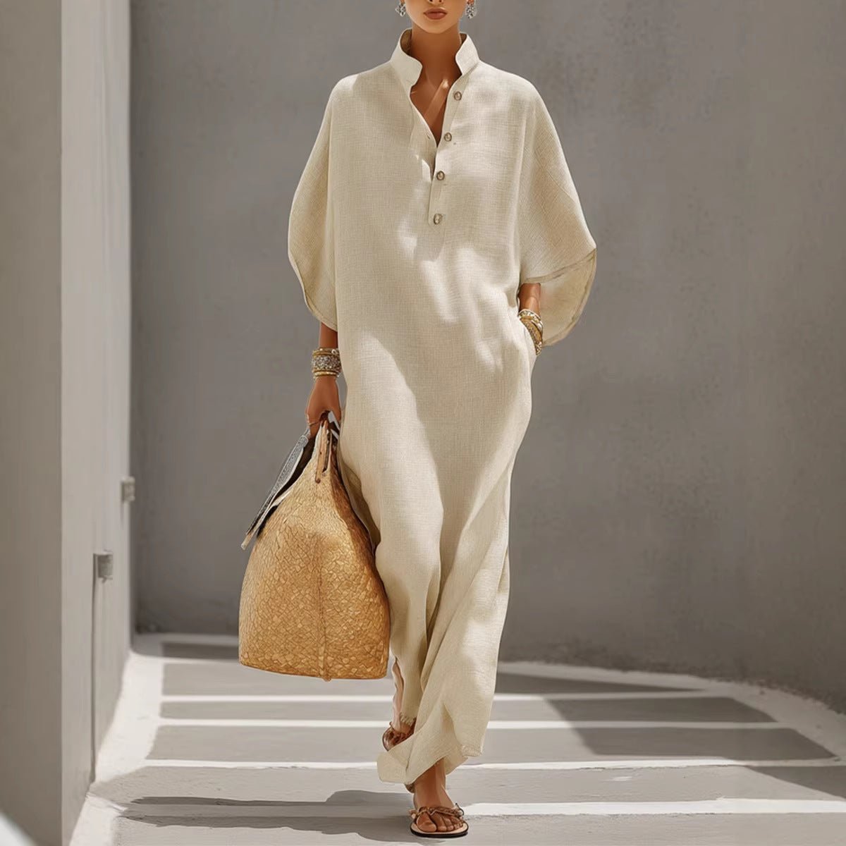 Womens Stand Collar Button - Down Loose Straight Long Dress - LADYLINE X