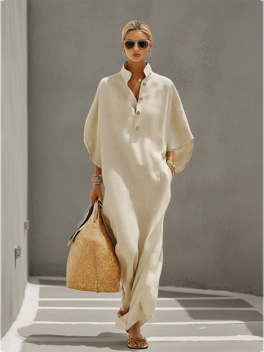 Womens Stand Collar Button - Down Loose Straight Long Dress - LADYLINE X