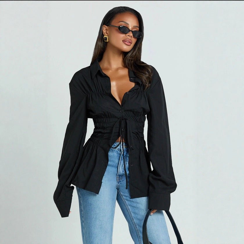 Womens Stylish Elegant Lapel Blouse With Pleated Details And Long Sleeves - LADYLINE X