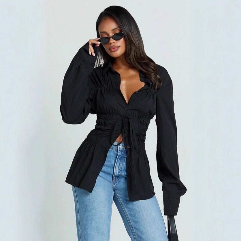 Womens Stylish Elegant Lapel Blouse With Pleated Details And Long Sleeves - LADYLINE X
