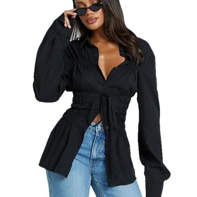 Womens Stylish Elegant Lapel Blouse With Pleated Details And Long Sleeves - LADYLINE X