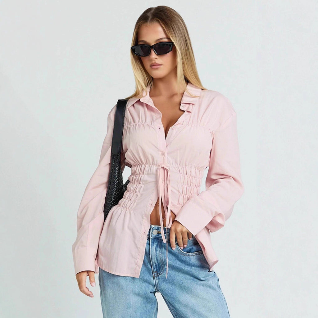 Womens Stylish Elegant Lapel Blouse With Pleated Details And Long Sleeves - LADYLINE X