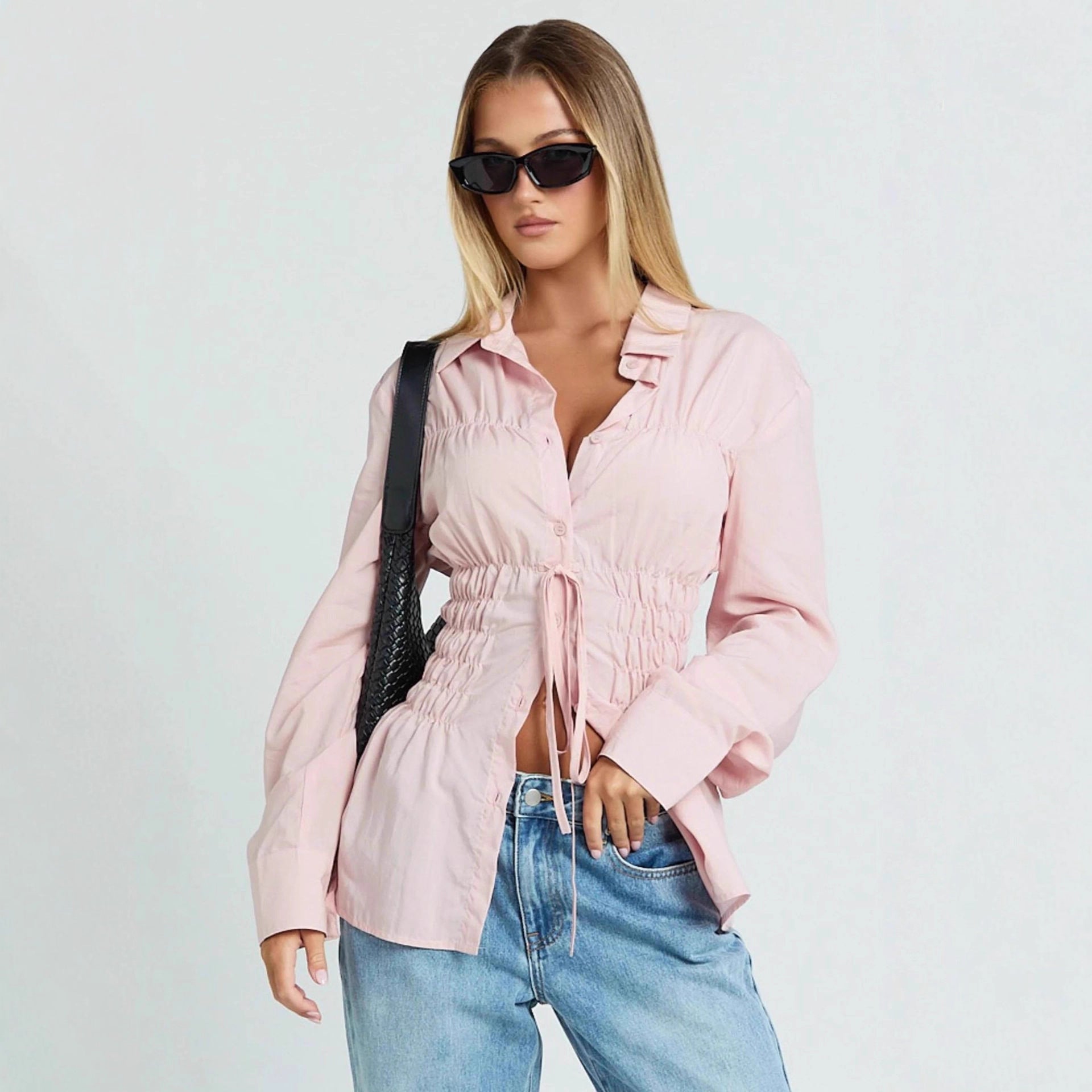Womens Stylish Elegant Lapel Blouse With Pleated Details And Long Sleeves - LADYLINE X