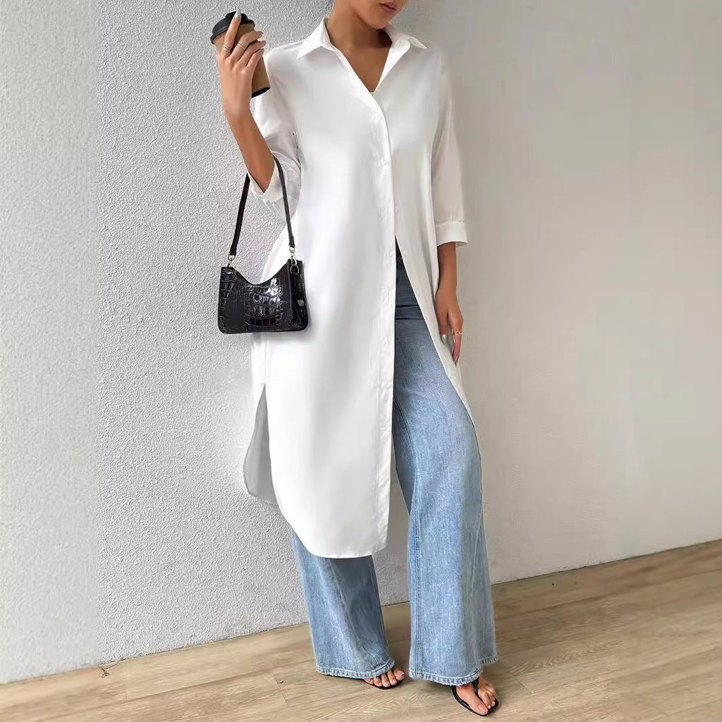 Womens Versatile Long Solid - color Cardigan With Three - quarter Sleeves - LADYLINE X