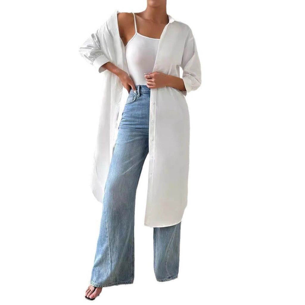 Womens Versatile Long Solid - color Cardigan With Three - quarter Sleeves - LADYLINE X