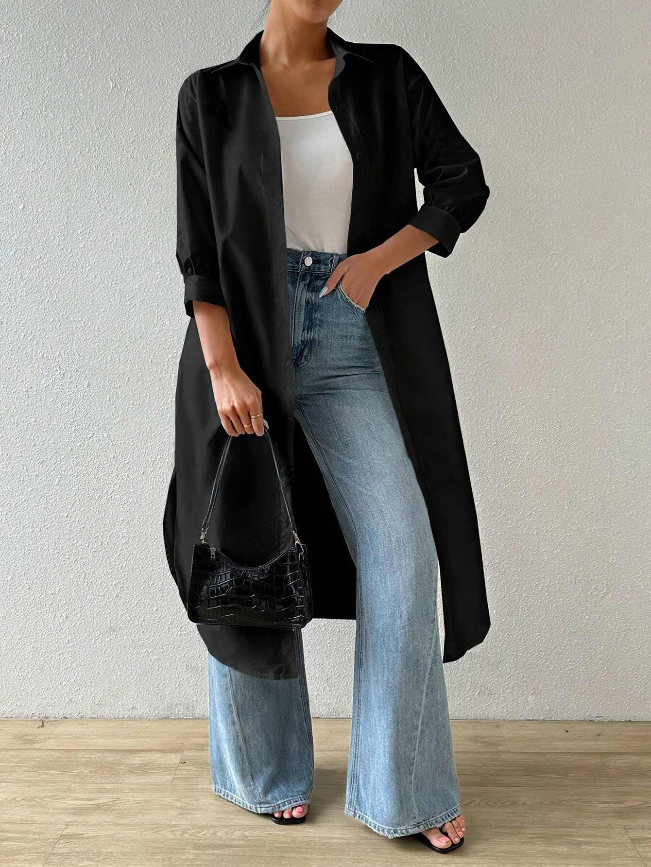 Womens Versatile Long Solid - color Cardigan With Three - quarter Sleeves - LADYLINE X
