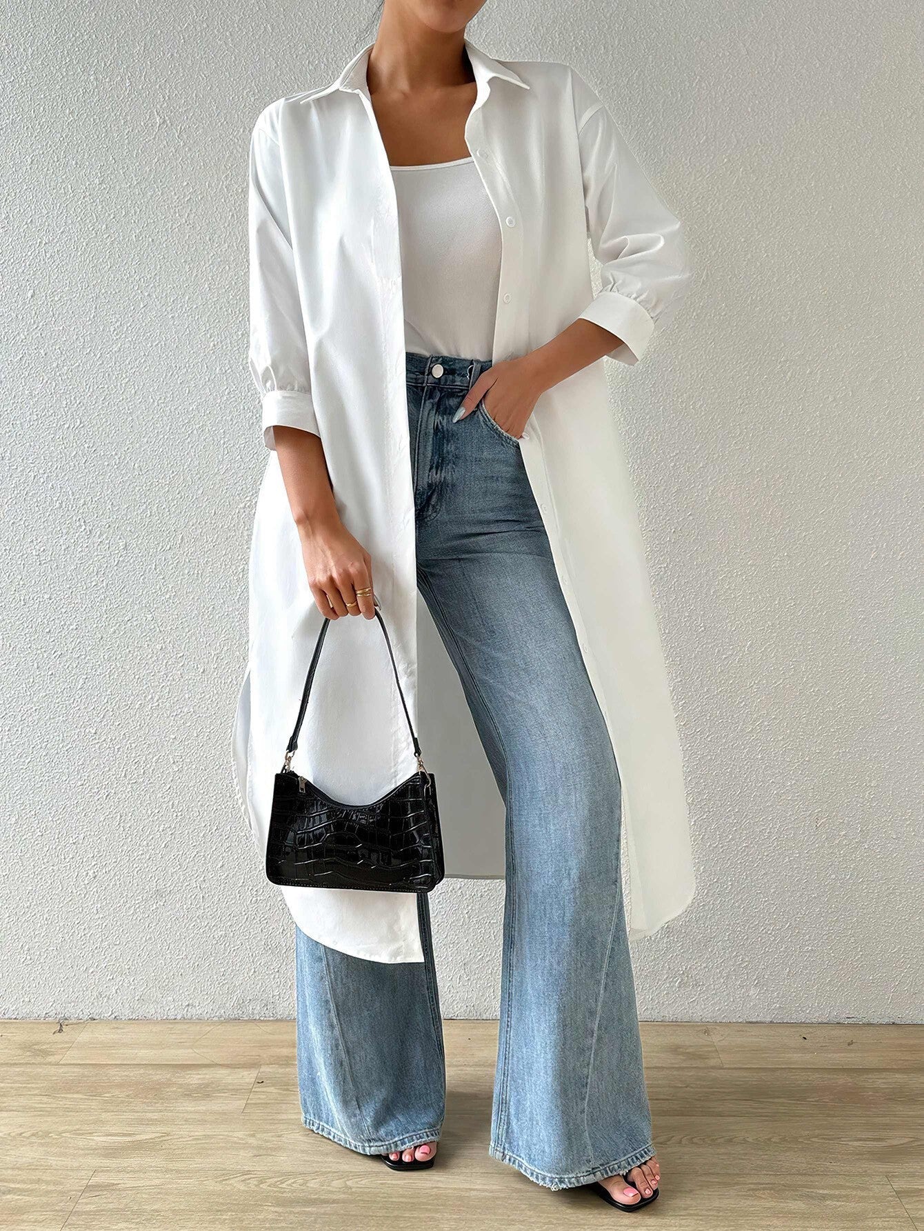 Womens Versatile Long Solid - color Cardigan With Three - quarter Sleeves - LADYLINE X